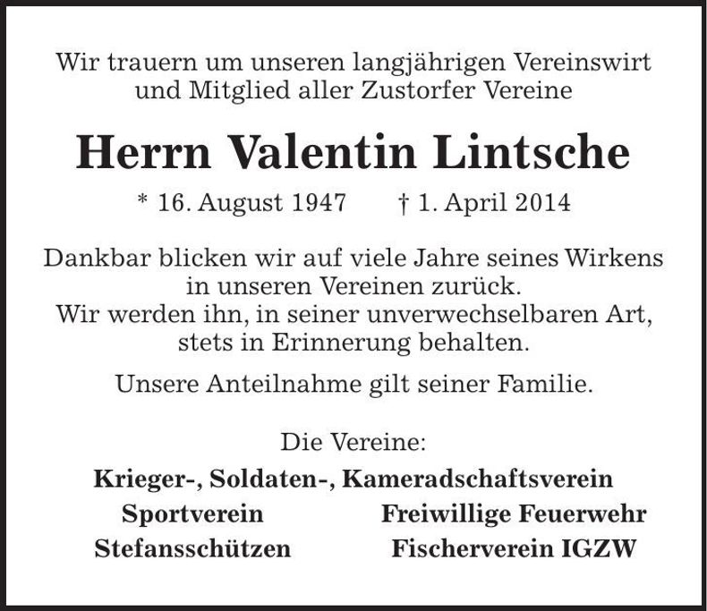 Traueranzeige Valentin Lintsche
