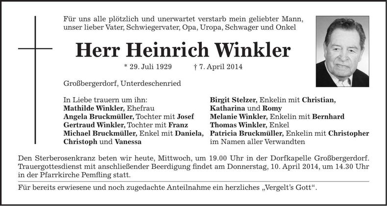 Traueranzeige Heinrich Winkler
