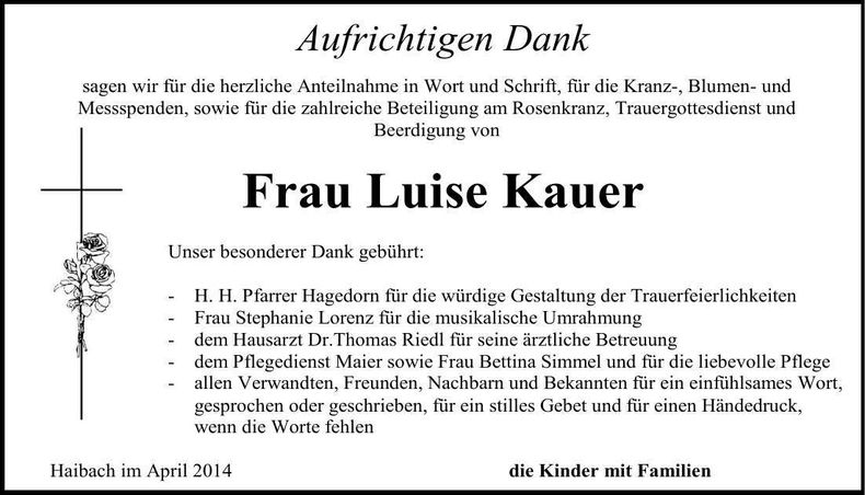 Traueranzeige Luise Kauer