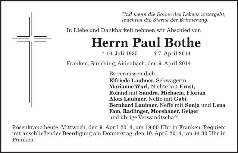 Traueranzeige Paul Bothe