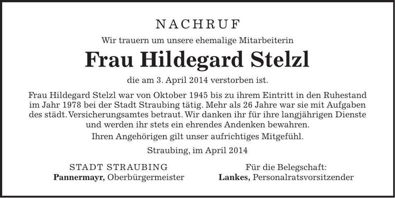 Traueranzeige Hildegard Stelzl