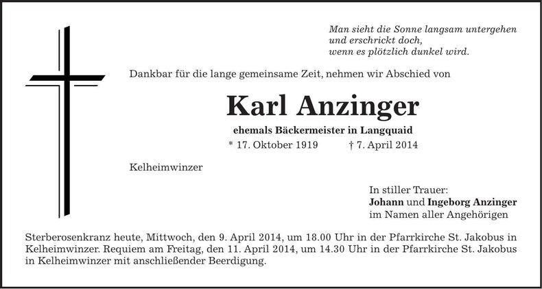 Traueranzeige Karl Anzinger