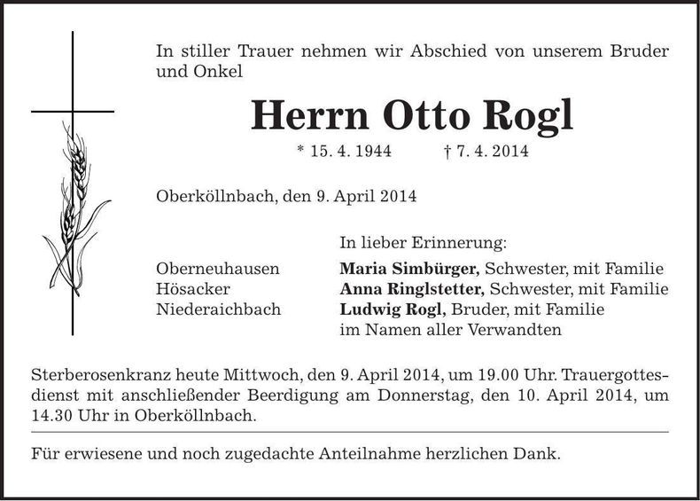 Traueranzeige Otto Rogl