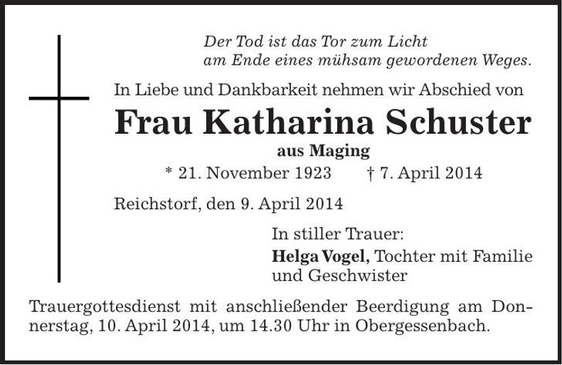 Traueranzeige Katharina Schuster