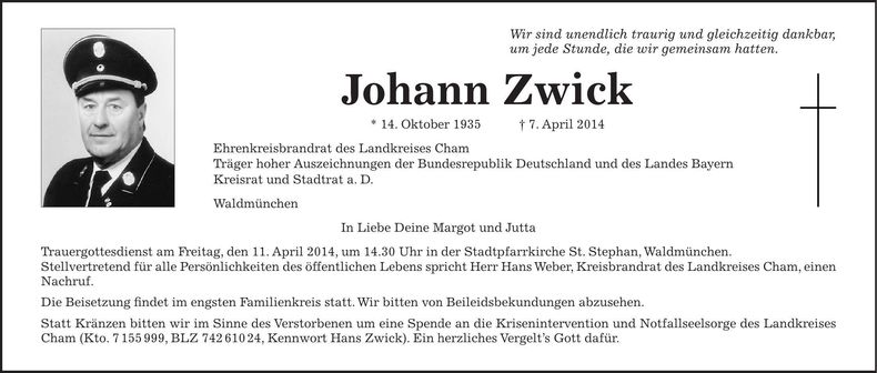 Traueranzeige Johann Zwick