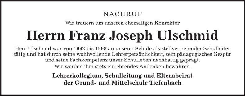 Traueranzeige Franz Joseph Ulschmid