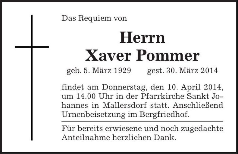 Traueranzeige Xaver Pommer