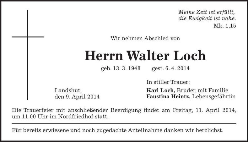 Traueranzeige Walter Loch