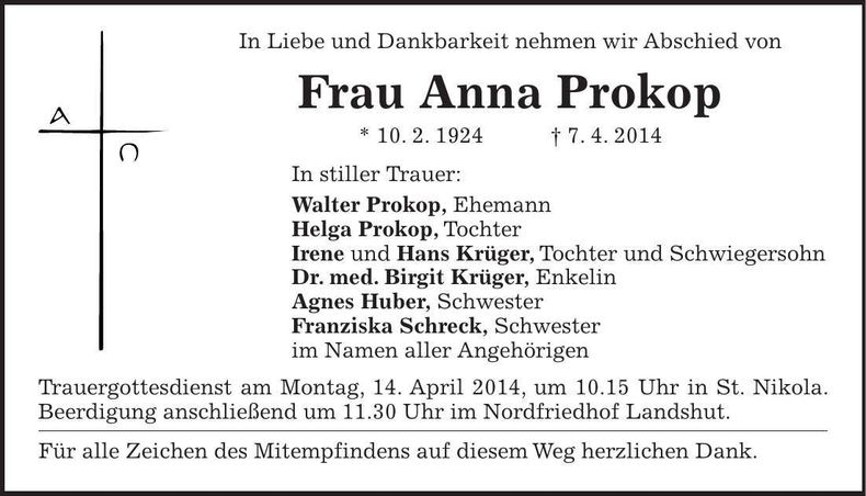 Traueranzeige Anna Prokop