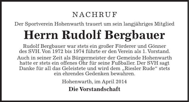 Traueranzeige Rudolf Bergbauer