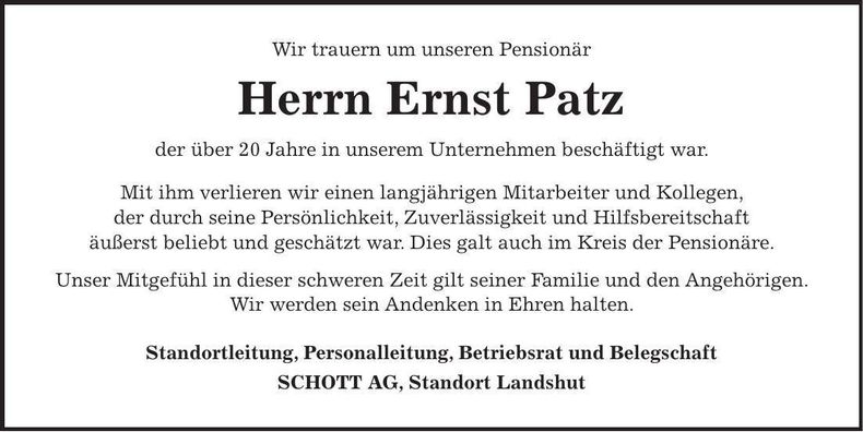 Traueranzeige Ernst Patz