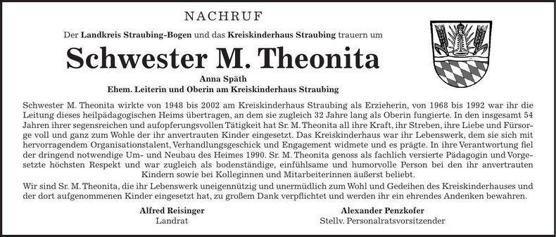 Traueranzeige  Schwester M. Theonita