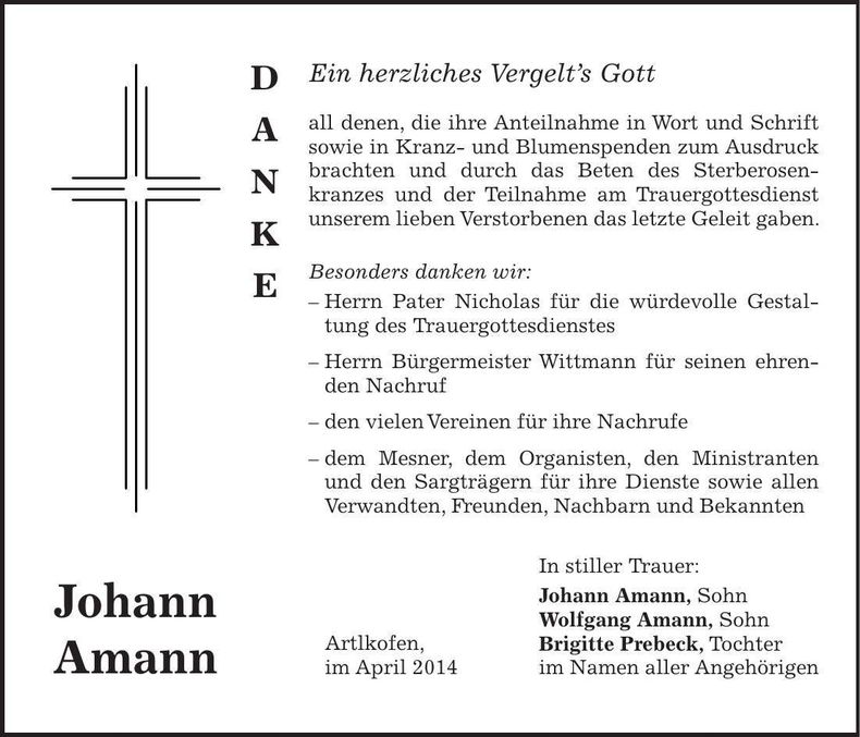 Traueranzeige Johann Amann