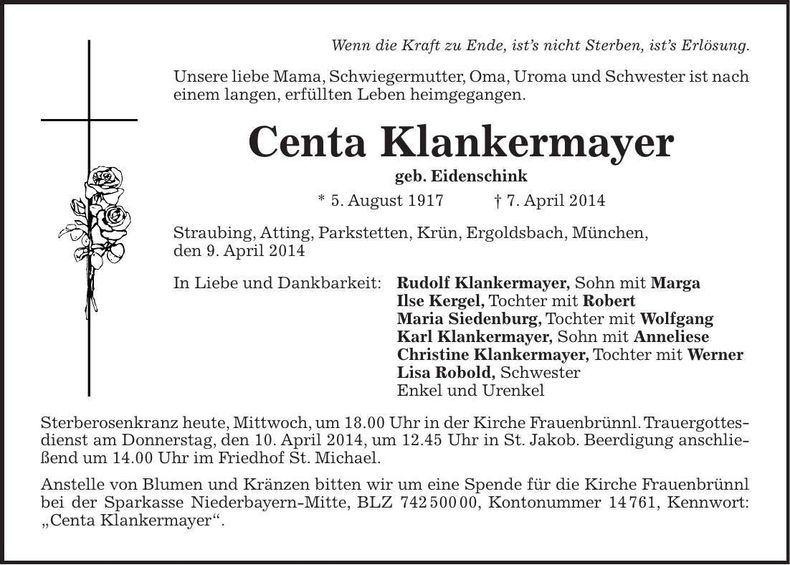 Traueranzeige Centa Klankermayer