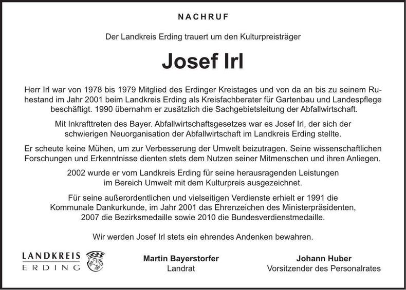 Traueranzeige Josef Irl