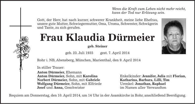 Traueranzeige Klaudia Dürmeier