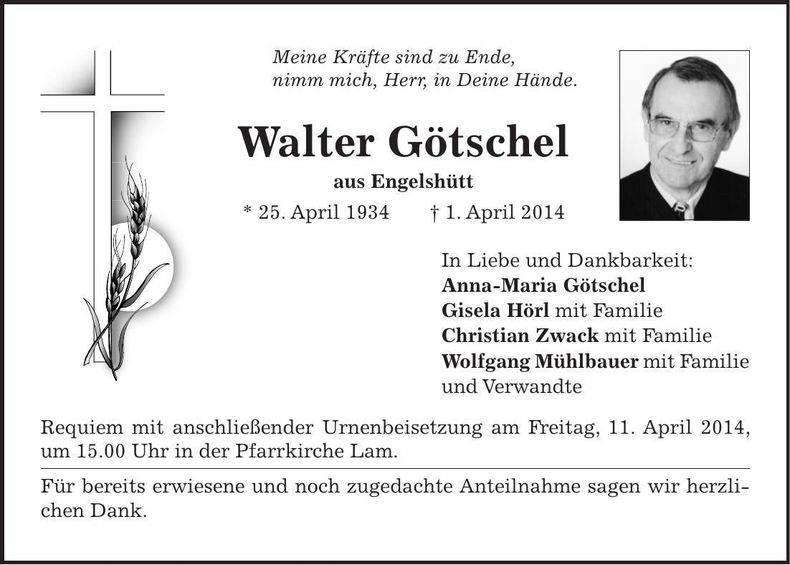 Traueranzeige Walter Götschel