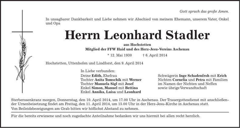 Traueranzeige Leonhard Stadler