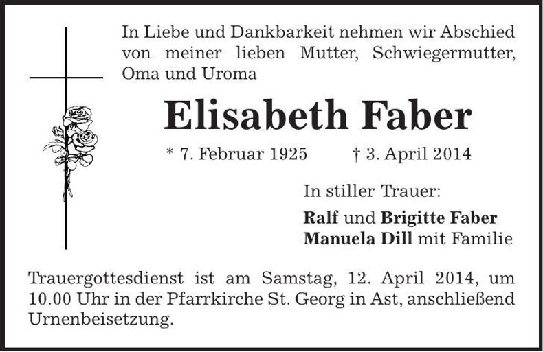 Traueranzeige Elisabeth Faber