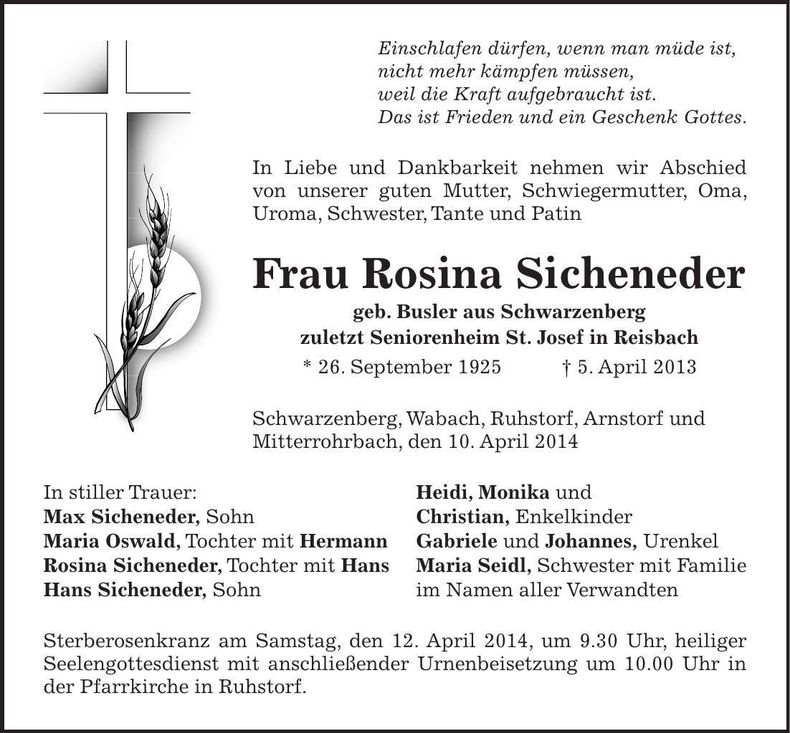 Traueranzeige Rosina Sicheneder
