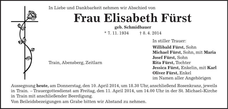 Traueranzeige Elisabeth Fürst