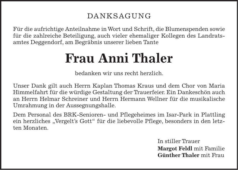 Traueranzeige Anni Thaler