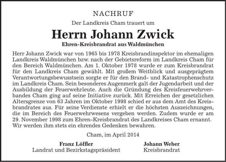 Traueranzeige Johann Zwick