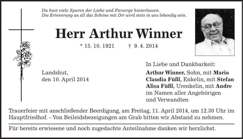 Traueranzeige Arthur Winner