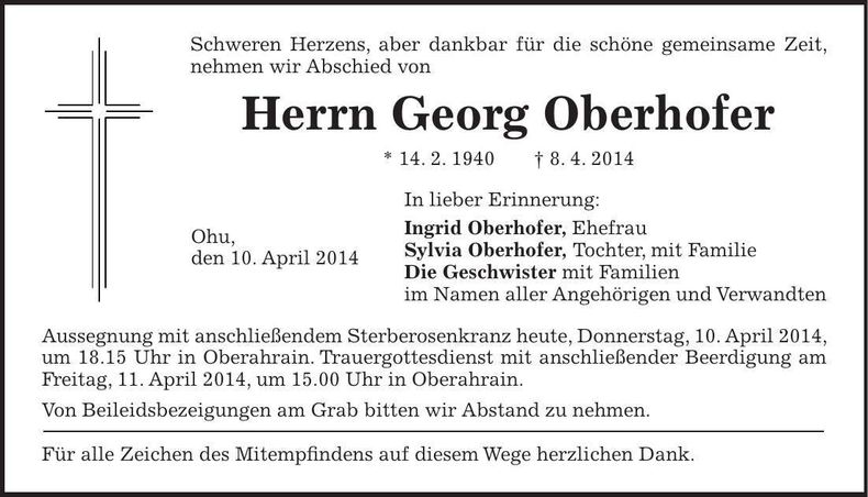 Traueranzeige Georg Oberhofer