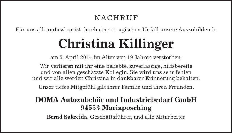 Traueranzeige Christina Killinger
