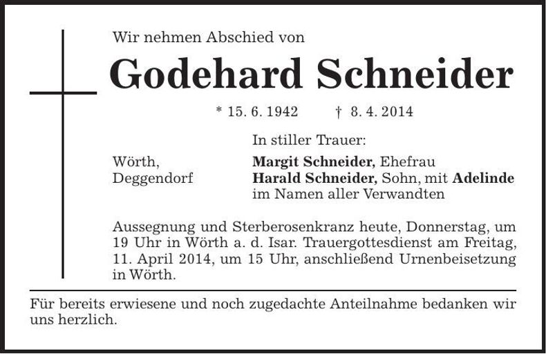 Traueranzeige Godehard Schneider