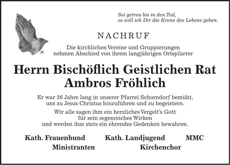 Traueranzeige Bischöflich Geistlichen Rat Ambros Fröhlich