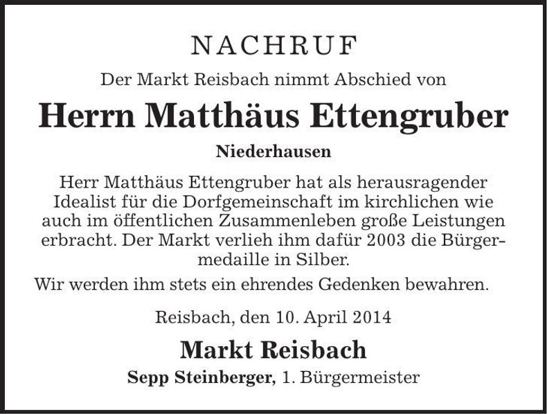 Traueranzeige Matthäus Ettengruber