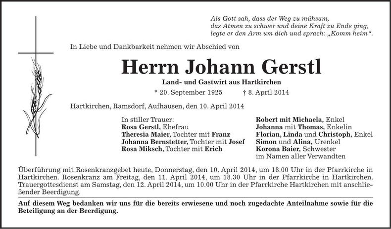 Traueranzeige Johann Gerstl