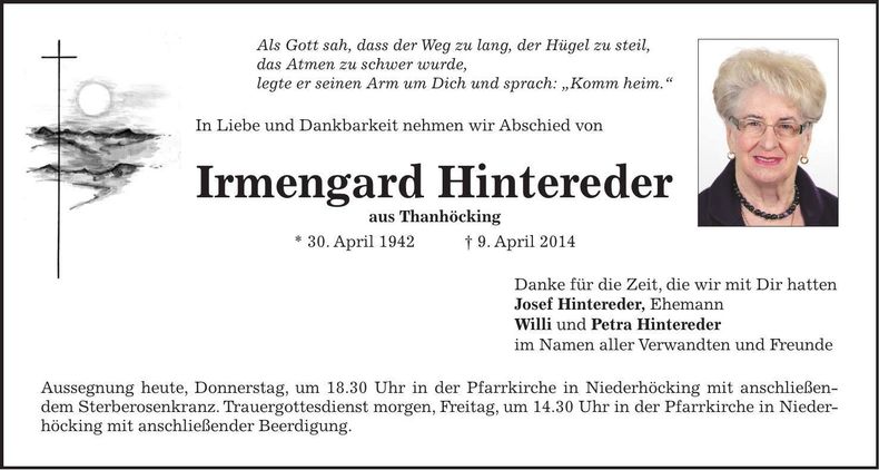 Traueranzeige Irmengard Hintereder