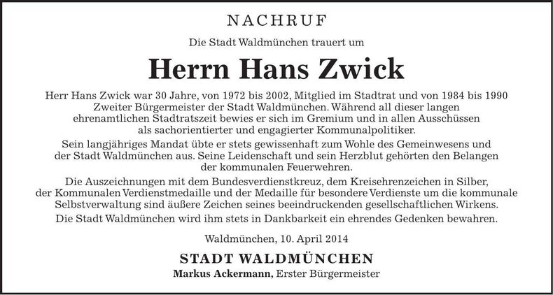 Traueranzeige Hans Zwick