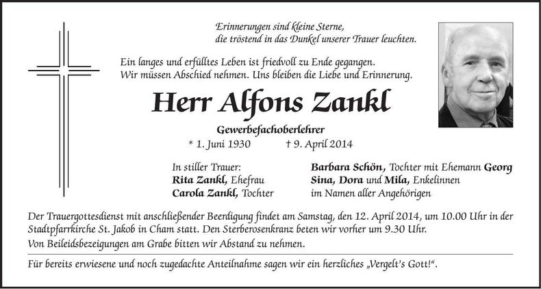 Traueranzeige Alfons Zankl
