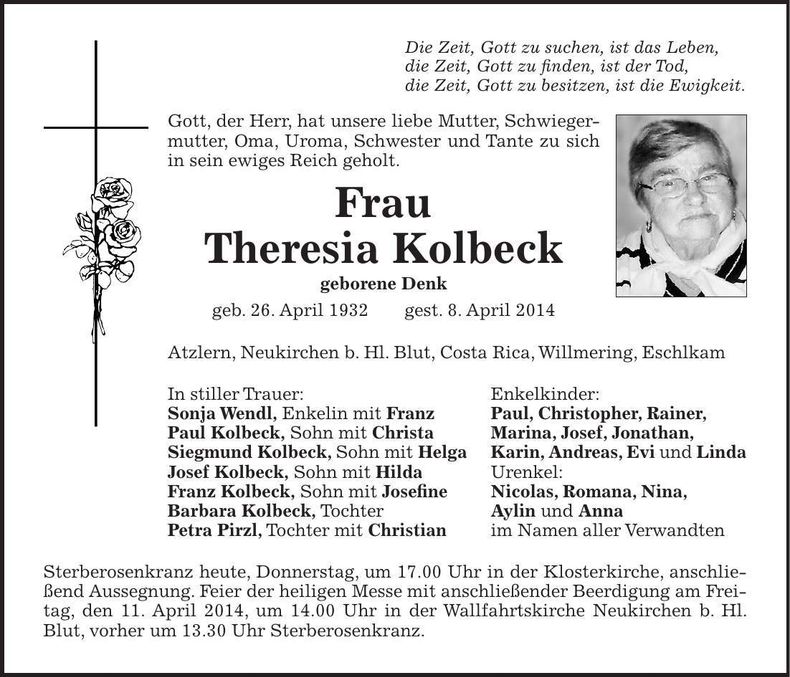 Traueranzeige Theresia Kolbeck