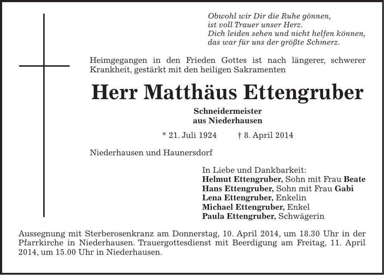 Traueranzeige Matthäus Ettengruber