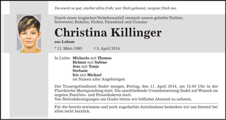 Traueranzeige Christina Killinger