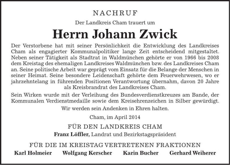 Traueranzeige Johann Zwick