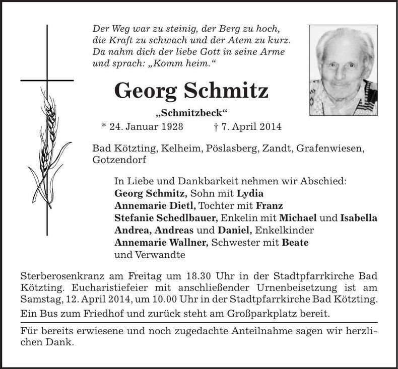 Traueranzeige Georg Schmitz