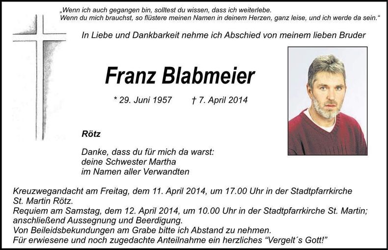 Traueranzeige Franz Blabmeier