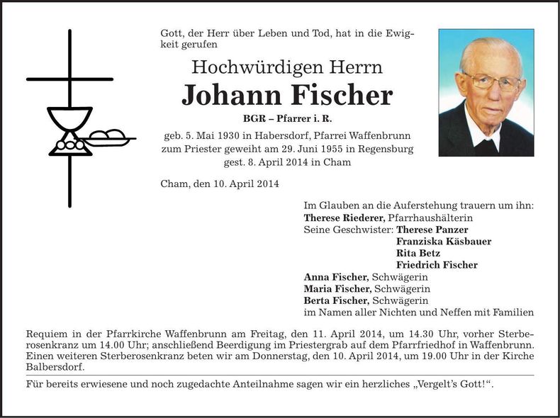 Traueranzeige Johann Fischer