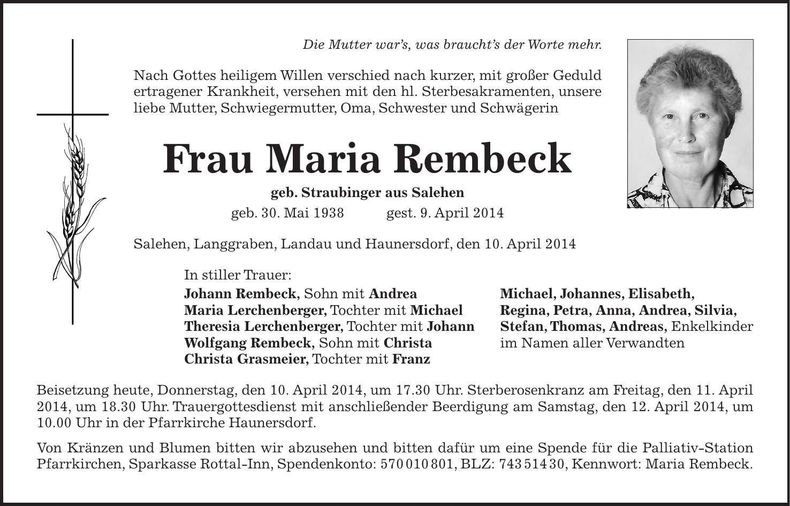Traueranzeige Maria Rembeck
