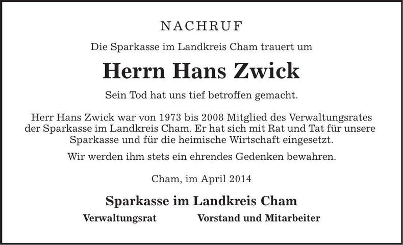 Traueranzeige Hans Zwick