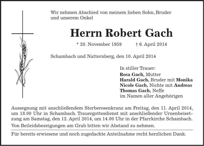 Traueranzeige Robert Gach