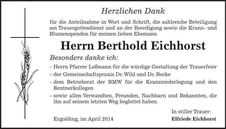 Traueranzeige Berthold Eichhorst