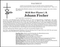 Traueranzeige Johann BGR Pfarrer Fischer
