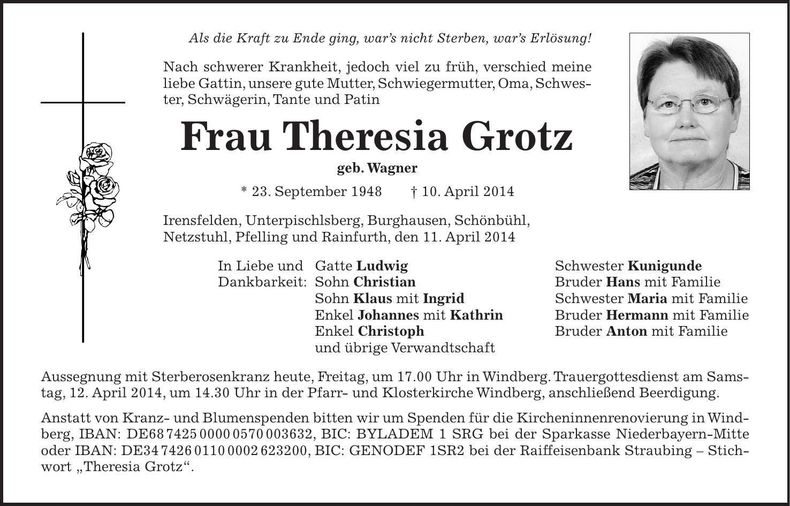 Traueranzeige Theresia Grotz